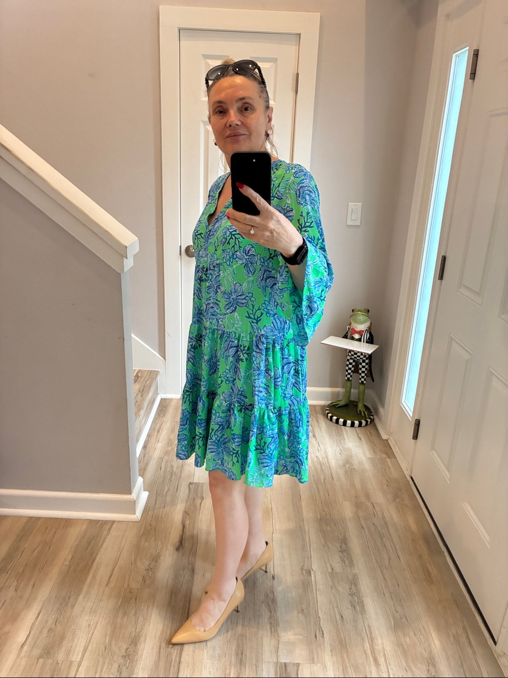 Vibrant Green & Blue Floral V-Neck Tiered Dress. by Lily Pulitzer - Picture 2 of 9